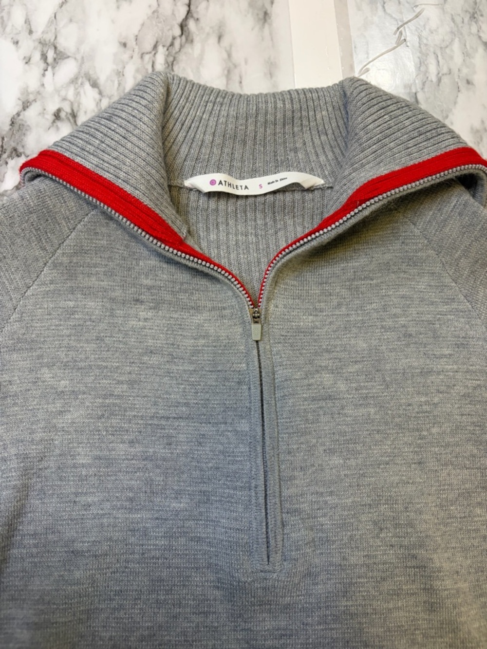 Athleta Light Gray Half-Zip Pullover Sweater with Red Trim blended wool size S - Picture 5 of 8